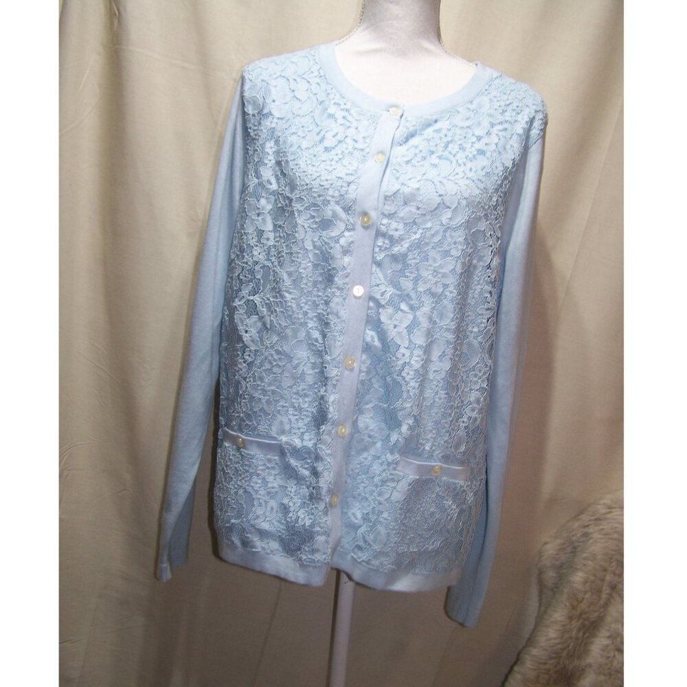 Lands' End Sweater Light Blue Lace Cardigan Size Large Coastal